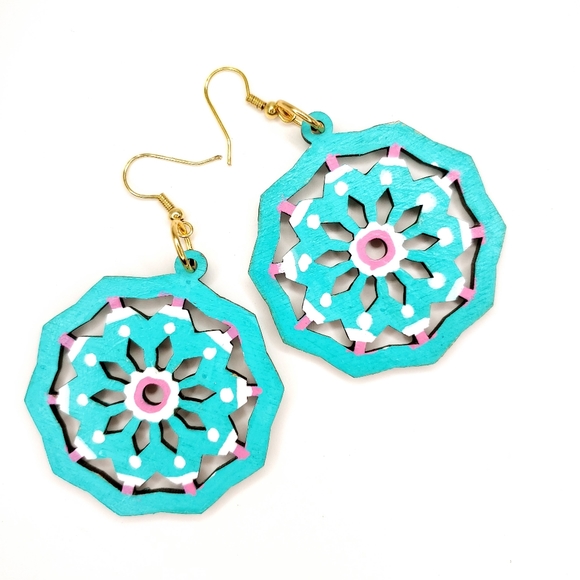 Turquoise Mandala Wooden Earrings, Handpainted.2 inch diameter dangles - Picture 4 of 5